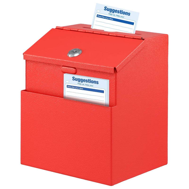 KYODOLED Suggestion Box with Lock and 50 Free Suggestion Cards, Metal Wall Mounted Ballot, Donation and Collection Key Drop Box with Slot & 2 Keys, 8H x 5.7W x 7L Inch, Red - Image 1